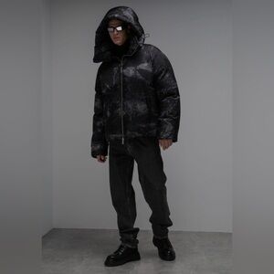 OFF-WHITE Logo-Jacquard Zip Down Puffer Jacket - Black-1 and Gray (Men’s : M)